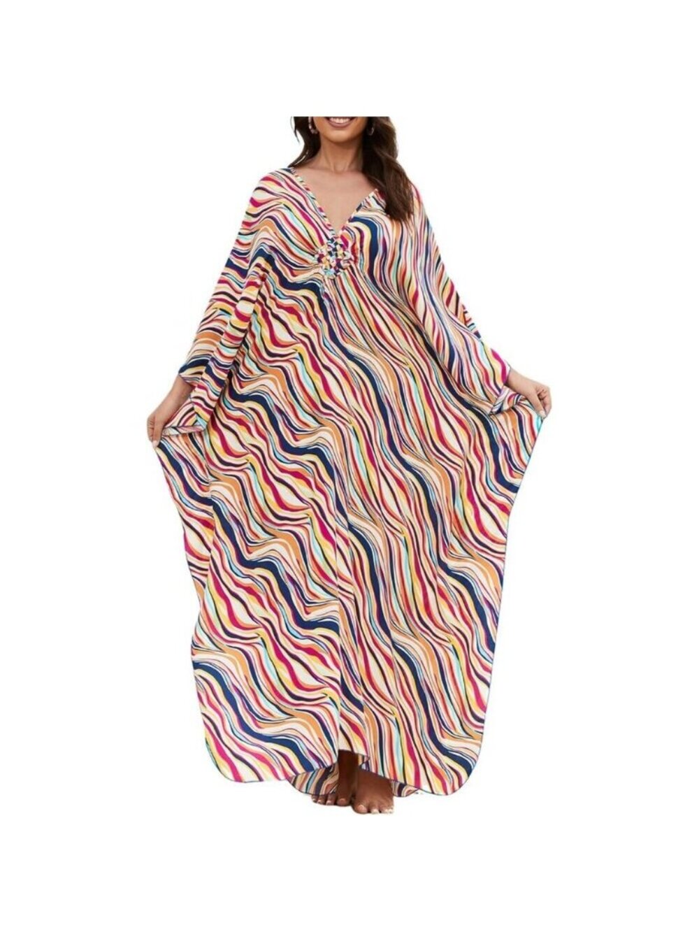 Women's Rainbow Bar V-neck Batwing Sleeve Flowy Split Hem Bohemian Kaftan Dress